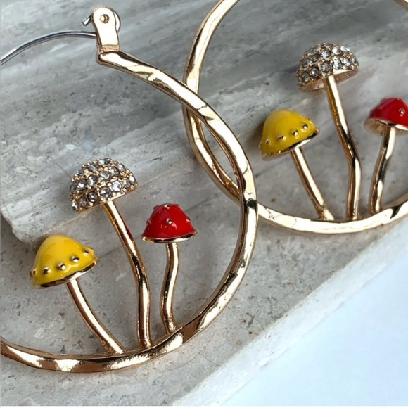 Anthropologie Jewelry - Anthropologie Gold Hoop Mushroom Earrings with Yellow & Red Enamel, NWOT